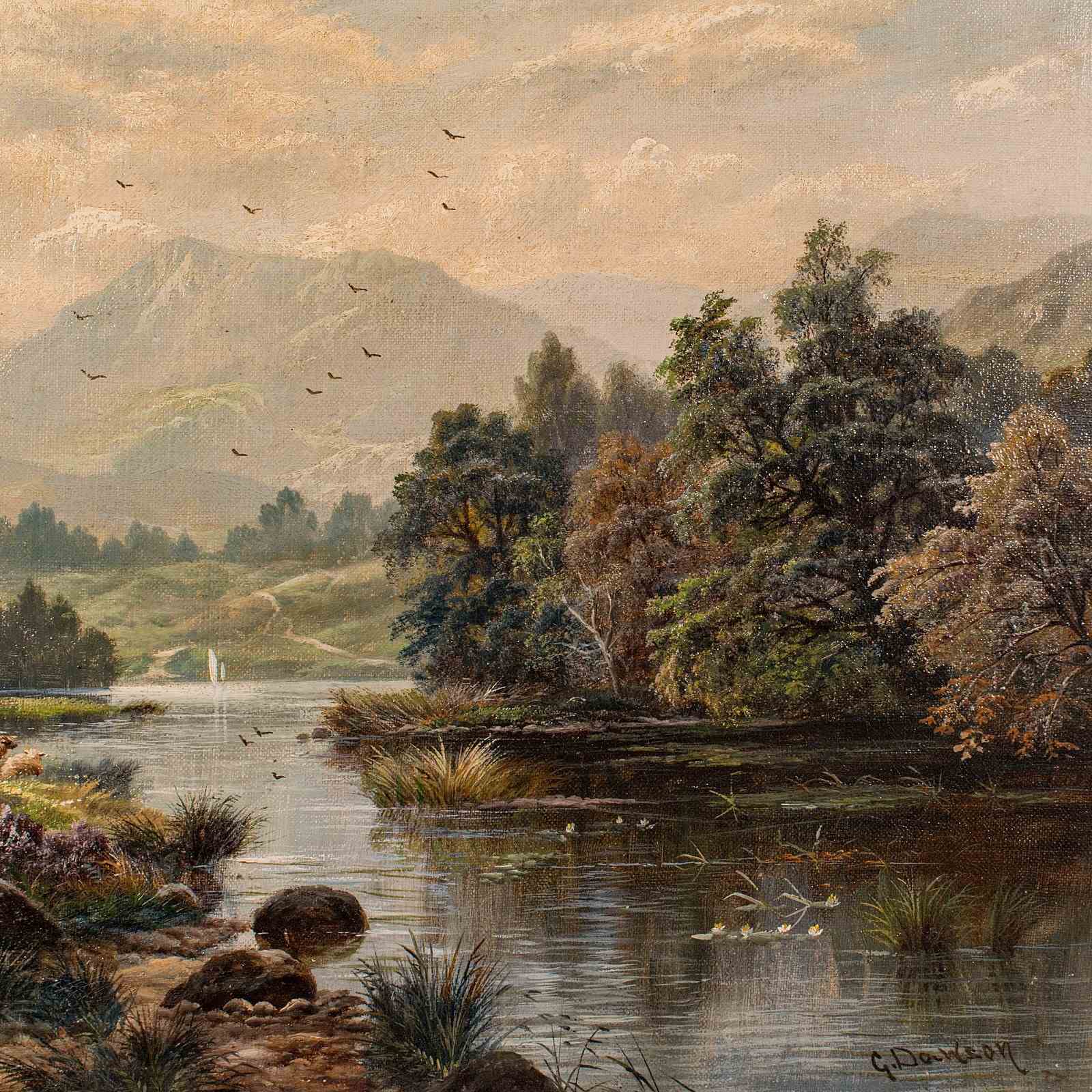 A tranquil river landscape with distant mountains — oil painting by G. Dawson, circa 1900